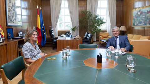 La vicepresidenta tercera y ministra para la Transición Ecológica, Teresa Ribera, con el presidente ejecutivo de Naturgy, Francisco Reynés, durante  la ronda de contactos para diseñar el Plan de Contingencia de seguridad energética con repr