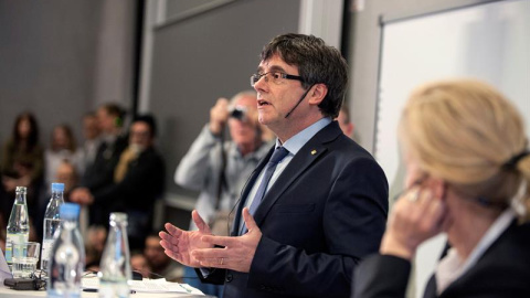 Carles Puigdemont durante su discurso en la Universidad de Copenhague. EFE/Ricardo Ramirez