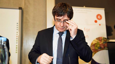 El expresident Carles Puigdemont, durante el coloquio organizado por la Universidad de Copenhague, Dinamarca. - EFE