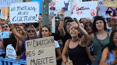 09/08/2019.- Manifestación antitaurina en Palma de Mallorca con motivo de la corrida de toros que se celebra este viernes en el Coliseo Balear. / EFE / LLITERES