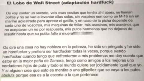 Carta publicada por la peña Hardfuck de Zamora