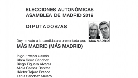 Imagen de la papeleta electoral de Más Madrid en 2019.