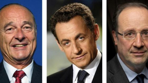 Jacques Chirac, Nicolas Sarkozy y François Hollande, los tres supuestos presidentes franceses espiados./ AFP