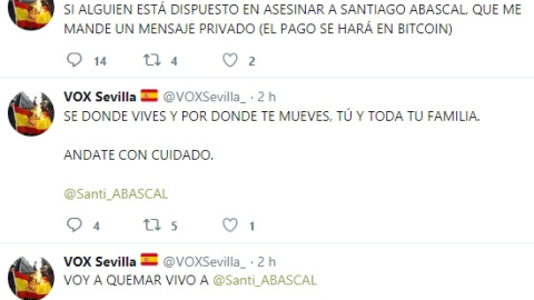 Captura de los mensajes emitidos desde la cuenta de Vox Sevilla que ha sido hackeada.