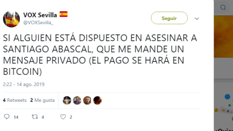 14/08/2019 - Captura del ataque informático a la cuenta de Vox Sevilla.