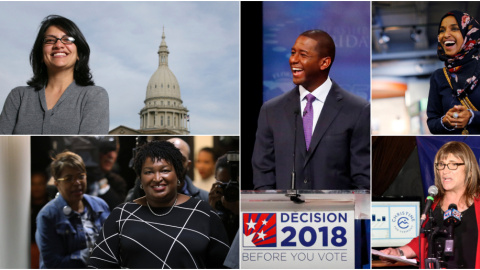 De izquierda a derecha y de arriba a abajo, los candidatos demócratas Rashida Tlaib, Andrew Gillum, Ilhan Omar, Stacey Abrams, y Christine Hallquist. REUTERS/AFP