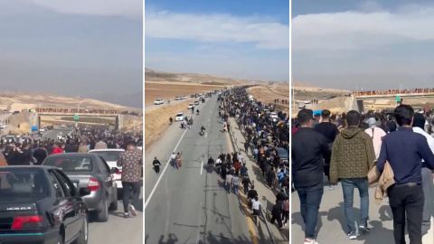 Combo de imágenes de cientos de personas andando por una autopista en dirección al cementerio de Aichi, en la ciudad iraní de Saquez, este 26 de octubre de 2022.