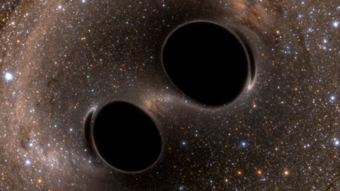 Ilustración de una fusión de dos agujeros negros, que genera ondas gravitacionales como las detectadas ahora. /LIGO