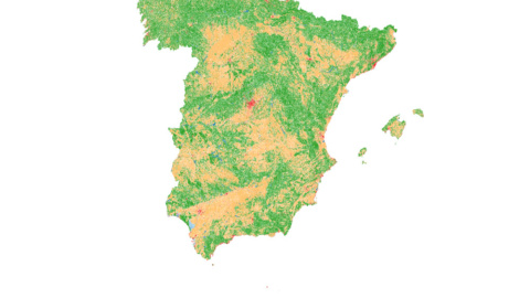 Cambios en la ocupación del suelo en España según los sucesivos Corine Land Cover de 1990, 2000, 2006 y 2012. En rojo las zonas urbanas, en naranja las zonas agrícolas y en verde los espacios con vegetación natural.