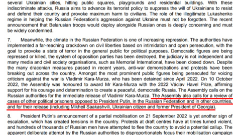 Extracto del punto de la resolución de la PACE "Nueva escalada en la agresión de la Federación Rusa contra Ucrania" del pasado 13 de octubre que incluye a Mikheil Saakashvili como preso político