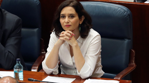 Isabel Díaz Ayuso, presidenta de la Comunidad de Madrid, durante el debate de investidura en la Asamblea de Madrid. EFE/ J.J. Guillén