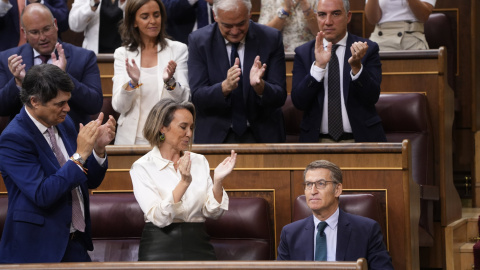 El líder del PP, Alberto Núñez Feijóo, assegut al seu escó al Congrés aplaudit per la resta de la bancada popular