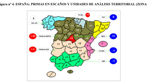 Mapa de análisis territorial de las primas de escaños por provincias asignados por la LOREG. JM&A