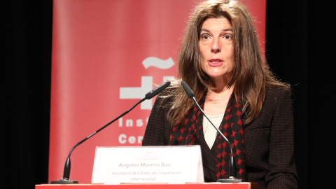 La secretaria de Estado de Cooperación Internacional, Ángeles Moreno, interviene durante el acto conmemorativo por el 30 aniversario del Instituto Cervantes, en Madrid, (España), a 18 de marzo de 2021