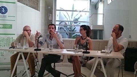 De izquierda a derecha, Carlos Martínez, Florent Marcellesi, Sandra Espeja y Pablo Cotarelo, durante un momento de su debate. (Twitter de Equo)