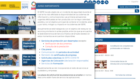 Pantallazo de la página web del SEPE