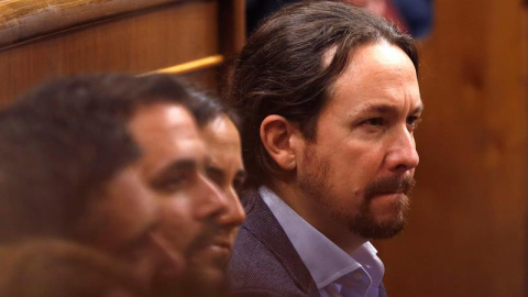 El líder de Unidos Podemos, Pablo iglesias, durante el acto de conmemoración del cuarenta aniversario de la Constitución presidido por el Rey en el Congreso. EFE/Kiko Huesca