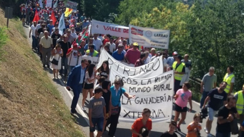 Un millar de ganaderos de Aragón, Catalunya, Navarra y Francia recorrieron este jueves las calles de Aínsa (Huesca) para protestar contra la reintroducción del oso y el lobo en el Pirineo. UAGA