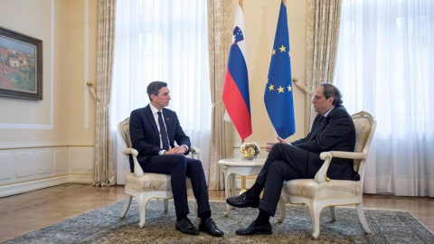 El president de la Generalitat, Quim Torra, durant la reunió amb el president d'Eslovènia Borut Pahor. Presidència de la Generalitat / Jordi Bedmar