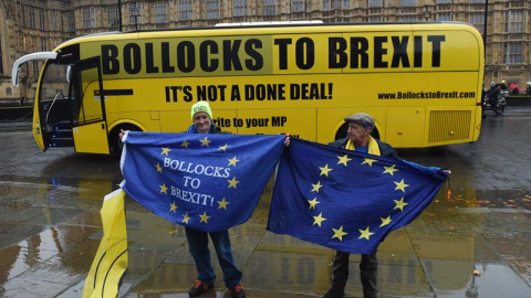 ctivistas proeuropeos participan en una campaña ante el Parlamento británico en Londres, Reino Unido, hoy, 7 de diciembre de 2018. La primera ministra británica, Theresa May, continúa buscando apoyos para que salga adelante su pacto de "bre