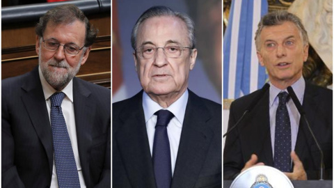 De izquierda a derecha: Mariano Rajoy, Florentino Pérez y Mauricio Macri.