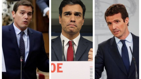 De izquierda a derecha: Albert Rivera, Pedro Sánchez y Pablo Casado. EFE