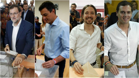 Los candidatos del PP, Mariano Rajoy, del PSOE, Pedro Sánchez, de Unidos Podemos, Pablo Iglesias,  de Ciudadanos, Albert Rivera, en el momento de depositar su voto para las elecciones del 26-J. E.P.