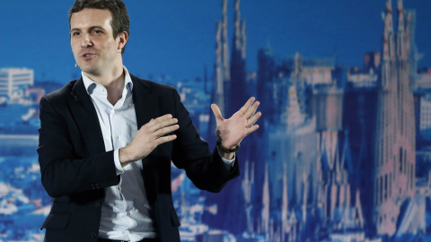 El presidente del PP, Pablo Casado en el acto de presentación en Barcelona de los candidatos del PPC a las alcaldías de las cuatro capitales catalanas.- EFE/Andreu Dalmau