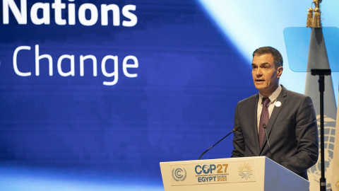 El presidente del Gobierno, Pedro Sánchez, interviene en el primer plenario de la Cumbre del Clima de Sharm el Sheikh de 2022.