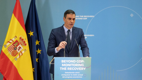 El presidente del Gobierno, Pedro Sánchez, durante la clausura del seminario 'Monitoring the recovery: beyond GDP', en el Ministerio de Asuntos Económicos y Transformación Digital, en Madrid. E.P./Alberto Ortega