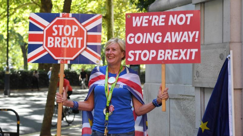 29/08/2019.- Una mujer protesta contra el cierre del Parlamento británico en Westminster, Londres. EFE/EPA/Facundo Arrizabalaga