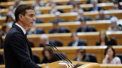 El presidente del Gobierno, Pedro Sánchez , durante su comparecencia en sesión plenaria del Senadoedicará un apartado especial a tratar sobre la inmigración. EFE/J.P.Gandul