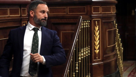 El presidente de Vox, Santiago Abascal, interviene  ante el Pleno del Congreso, donde la vicepresidenta en funciones, Carmen Calvo, ha comparecido para explicar la crisis del Open Arms. EFE/ Kiko Huesca