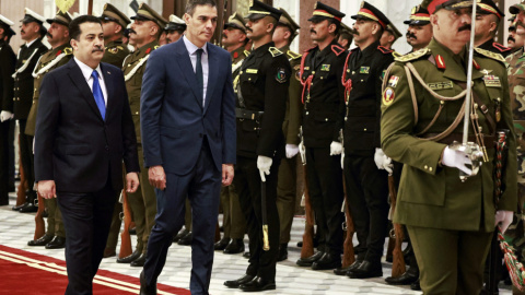 Pedro Sánchez y el primer ministro iraquí, Mohammed Shia al Sudani, durante las reuniones de este jueves.