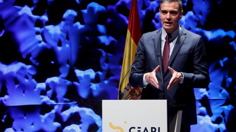 El presidente del Gobierno español, Pedro Sánchez, pronuncia un discurso durante la inauguración del IV Congreso Iberoamericano CEAPI (Consejo Empresarial Alianza por Iberoamérica) este 17 de mayo de 2021.