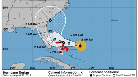 Trayecto previsto del huracán 'Dorian'CENTRO NACIONAL DE HURACANES DE EEUU