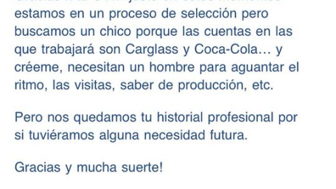 Respuesta de la empresa Impulsa a la candidatura de Carla Forcada a una oferta de trabajo.