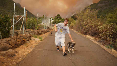 16/8/23 Vecinos de Los Margenes, en el pueblo de Igueste de Candelaria, evacuan enseres y animales ante el avance del fuego. En la imagen, un joven saca a sus perros de su casa.