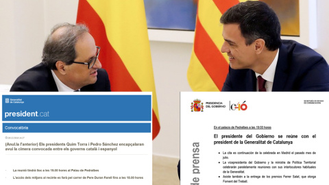 Imagenes de los comunicados enviados por la Generalitat de Catalunya y por el Palacio de la Moncloa, sobre la reunión de Quim Torra y Pedro Sánchez en Barcelona.