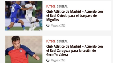 17/08/2023 Dos entradas en la web 'Noticiero Madrid' que son republicaciones de notas de prensa del Atlético de Madrid..