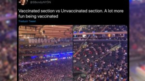 El público de un estadio, dividido en dos: aglomeraciones vacunadas sin mascarillas frente a asistentes separados por las medidas sanitarias