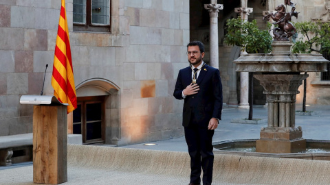 Pere Aragonès durante su toma de posesión en un acto institucional en el Palau de la Generalitat.