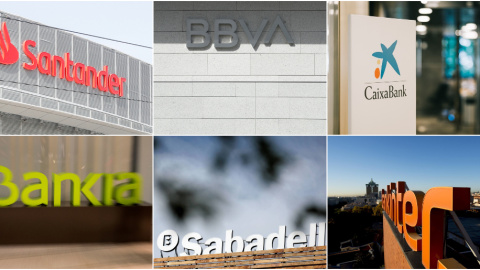 Logos de los seis grandes bancos del Ibex 35: Banco Santander, BBVA, Caixabank, Bankia, Banco Sabadell, y Bankinter. REUTERS/EFE