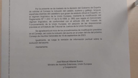 Documento que ha remitido Albares al Parlamento Europeo este 17 de agosto para solicitar el uso del catalán, euskera y gallego.