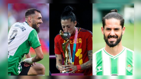 Montaje fotográfico de los jugadores del Betis Borja Iglesias e Isco Alarcón junto a la ganadora del mundo Jenni Hermoso