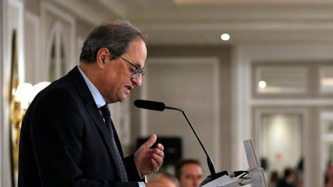 El president de la Generalitat, Quim Torra, duranta la seva conferència a Madrid. EFE / Víctor Lerena