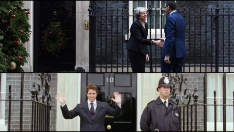 Escena de Love Actually en contraste con una visita a Theresa May a Downing Street.