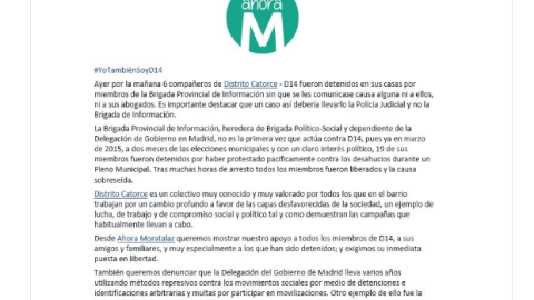 Captura del comunicado lanzado en Twitter por Ahora Madrid Moratalaz  en el que piden la liberación de los detenidos. @ahoramoratalaz