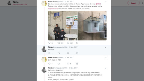 Intercambio entre Tácito y la periodista Anna Punsi en el que el primero le reprocha que califique de "asalto" la entrada de la guardia civil "a golpes de mazo" en el colegio electoral donde iba a votar Puigdemont el 1 de octubre.