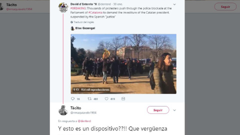 Mensaje de Tácito calificando de "vergüenza" el dispositivo de los Mossos en torno al Parlament de Catalunya el día en que se tenía que decidir candidato a president de la Generalitat y algunos manifestantes superaron las barreras.